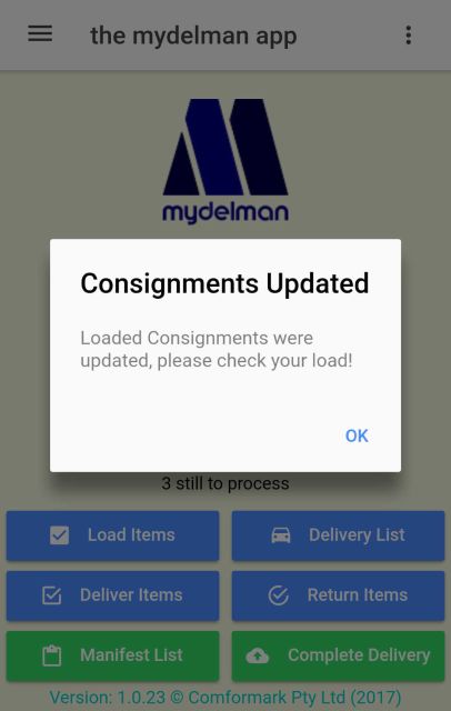 Warning message when consignments were changed after you loaded them.
