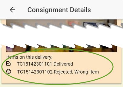 Consignment Details of rejected item