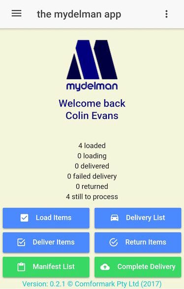 The Home Page of the mydelman Android app provides the driver with a summary of their deliveries and access to all delivery functions