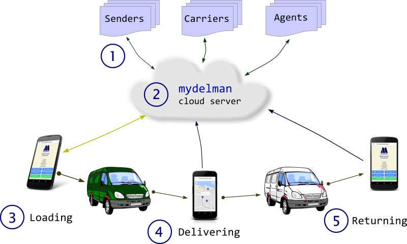 The mydelman system consists of a Cloud Server and the mydelman Android app
