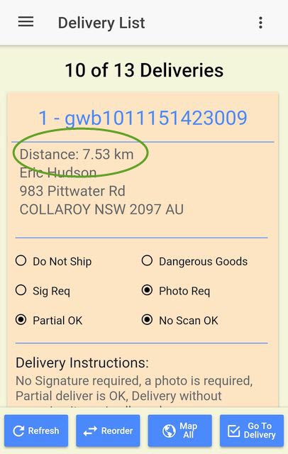 The Delivery List is initially sorted by distance, from your current location