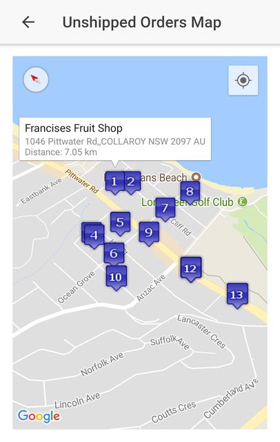 Delivery addresses mapped by distance from your current location
